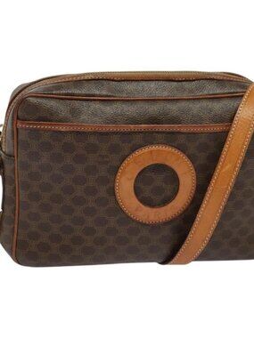 Authentic CELINE Macadam Canvas Shoulder Bag PVC Leather Brown Gold